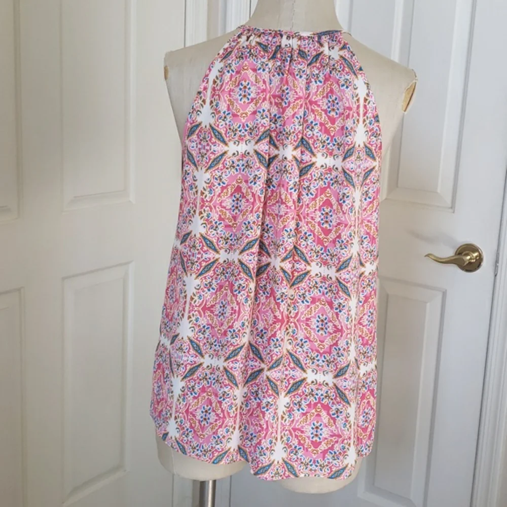 Cremieux Pink Teal Mustard Halter Neck A-Line Top XS - Picture 6 of 13